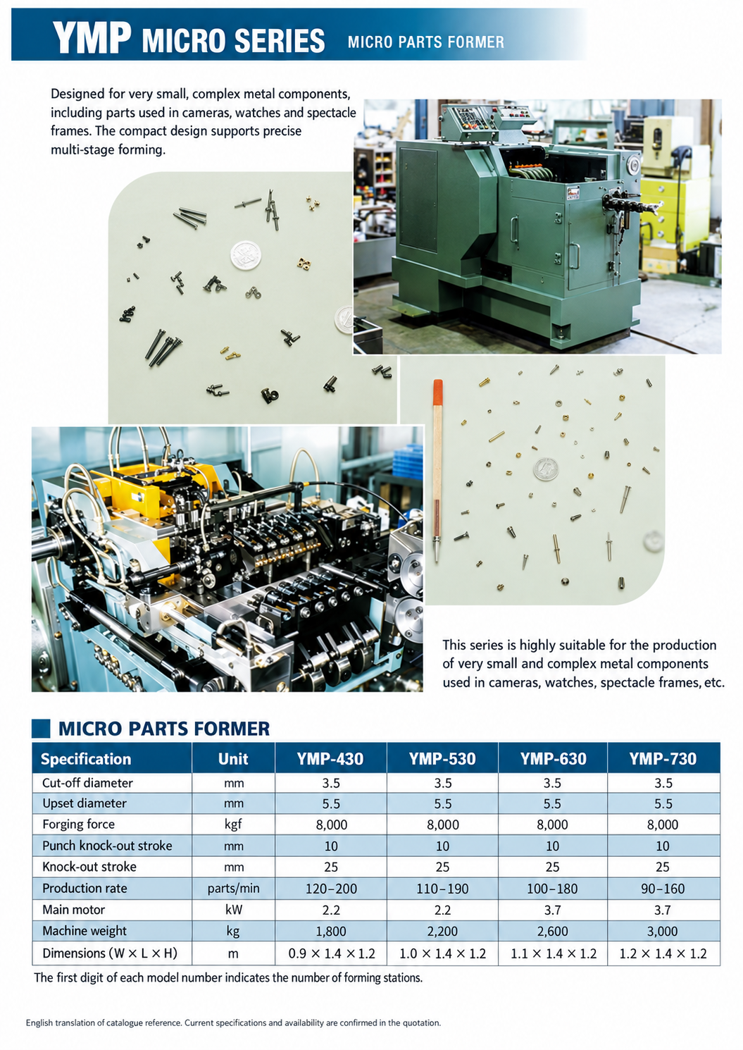 Matsumoto Machinery YMP Micro series English catalogue with machine, tooling, component examples and specifications
