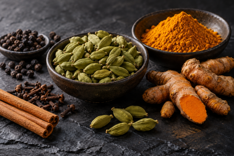 Illustration of green cardamom, turmeric, pepper, cloves and cinnamon